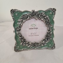 Sunflower Designs 3x3&quot; photo picture frame square green enamel silver roses - $25.00