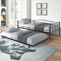 Twin Metal Daybed with Trundle S-Style Headboard, Black - £146.10 GBP