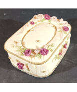 Vintage DEZINE Cream TRINKET BOX Pink Roses Hand-painted Porcelain Recta... - $25.86 CAD