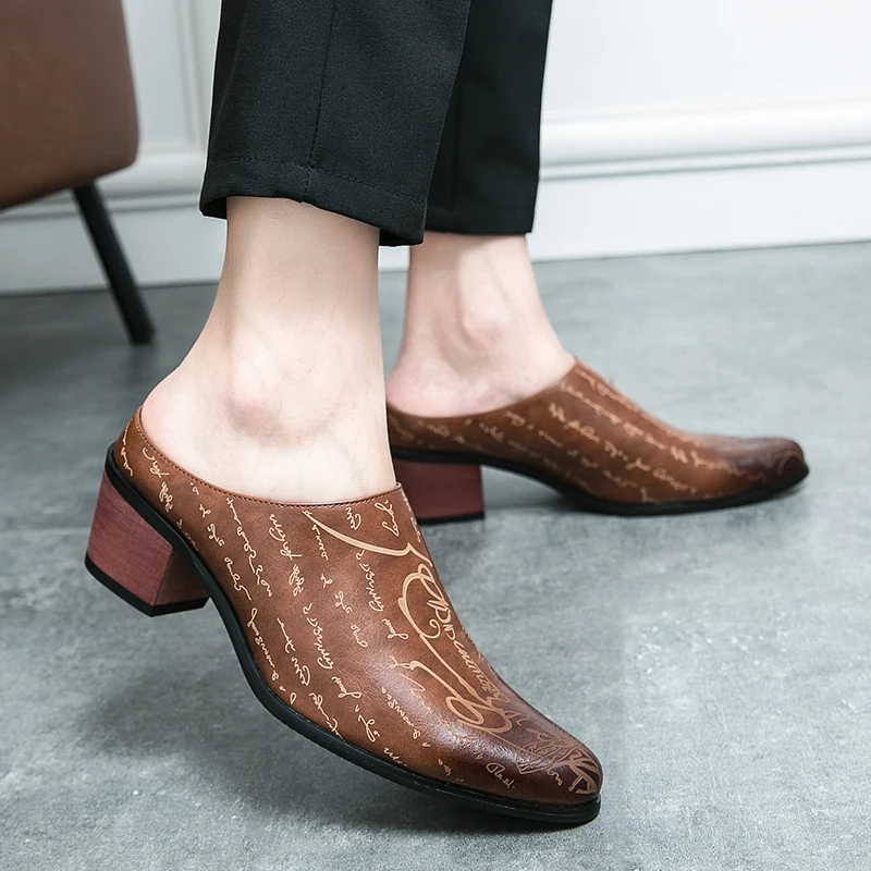 New Summer High Heel Mules Men Half Shoes For Man Leather Slippers Mens ... - $35.33+