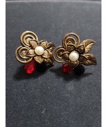 Vtg  Gold Tone Flower Red Black Faux Rhinestones Pearl Pierced Earrings ... - $21.00