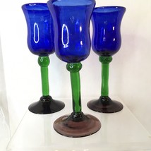 3 Cobalt Blue &amp; Green Art Glass Hand Blown Glass Goblets 9.5&quot; Tall Thick Glass - £26.97 GBP