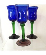 3 Cobalt Blue &amp; Green Art Glass Hand Blown Glass Goblets 9.5&quot; Tall Thick... - £26.53 GBP