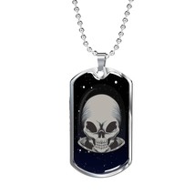 Alien UFO Fan Alien Skull Necklace Stainless Steel or 18k Gold Dog Tag 24&quot; Chai - £37.92 GBP+
