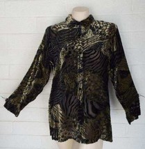 Chico&#39;s DesignSize 1 M Moss Green Black Burn-Out Velvet Exotic Print Tunic Shirt - £20.86 GBP
