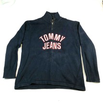 Vintage Tommy Jeans Sweater Mens L Navy Blue Large Chest Spellout Logo 1... - $28.04