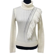 DKNY Ivory Fringe Knit Ribbbed Turtleneck Sweater Top Size Small - £22.02 GBP