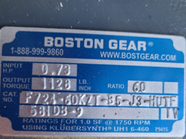 BOSTON GEAR MOTOR 1 TE HP, WORM GEAR REDUCER, F724-60KZT-B5-J3-HUTF 58ID... - $2,079.00