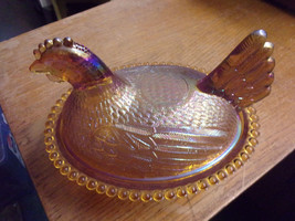 Amber Iridescent Indiana Carnival Glass Hen On Nest Chicken Covered Dish - £27.09 GBP
