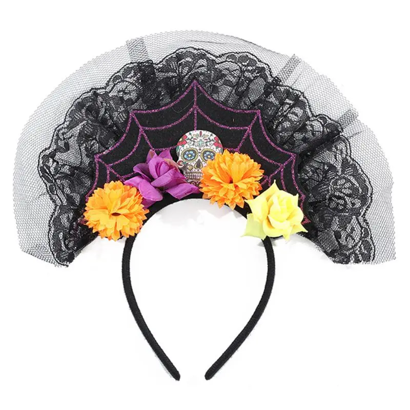 Ay of the dead spiderweb headband artificial flower skull halloween hair hoop lace mesh thumb200