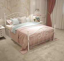 Metal Bed Frame Full Size With Vintage Headboard And Footboard, Full, White - £142.36 GBP