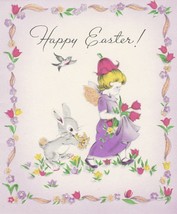 Vintage Easter Card Girl Bunny Rabbit Tulips 1945 Gibson Glitter - £7.63 GBP