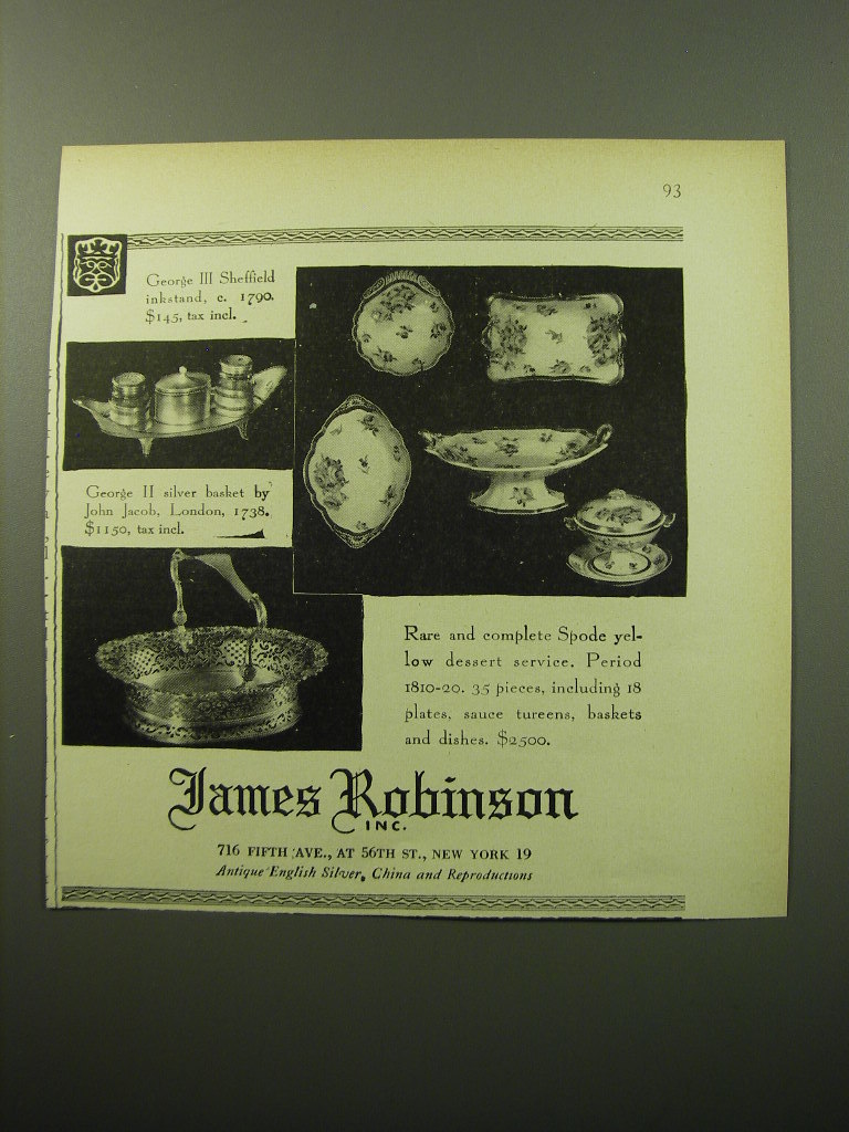 Primary image for 1950 James Robinson Inc. Advertisement - George III Sheffield inkstand, c. 1790