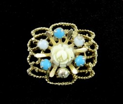 Center Rose Bloom Blue Milky Cabs Brooch Vintage Pin Goldtone Lacy Floral - £10.41 GBP