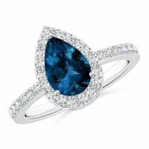 ANGARA Pear London Blue Topaz Ring with Diamond Halo for Women in 14K Solid Gold - £1,275.49 GBP