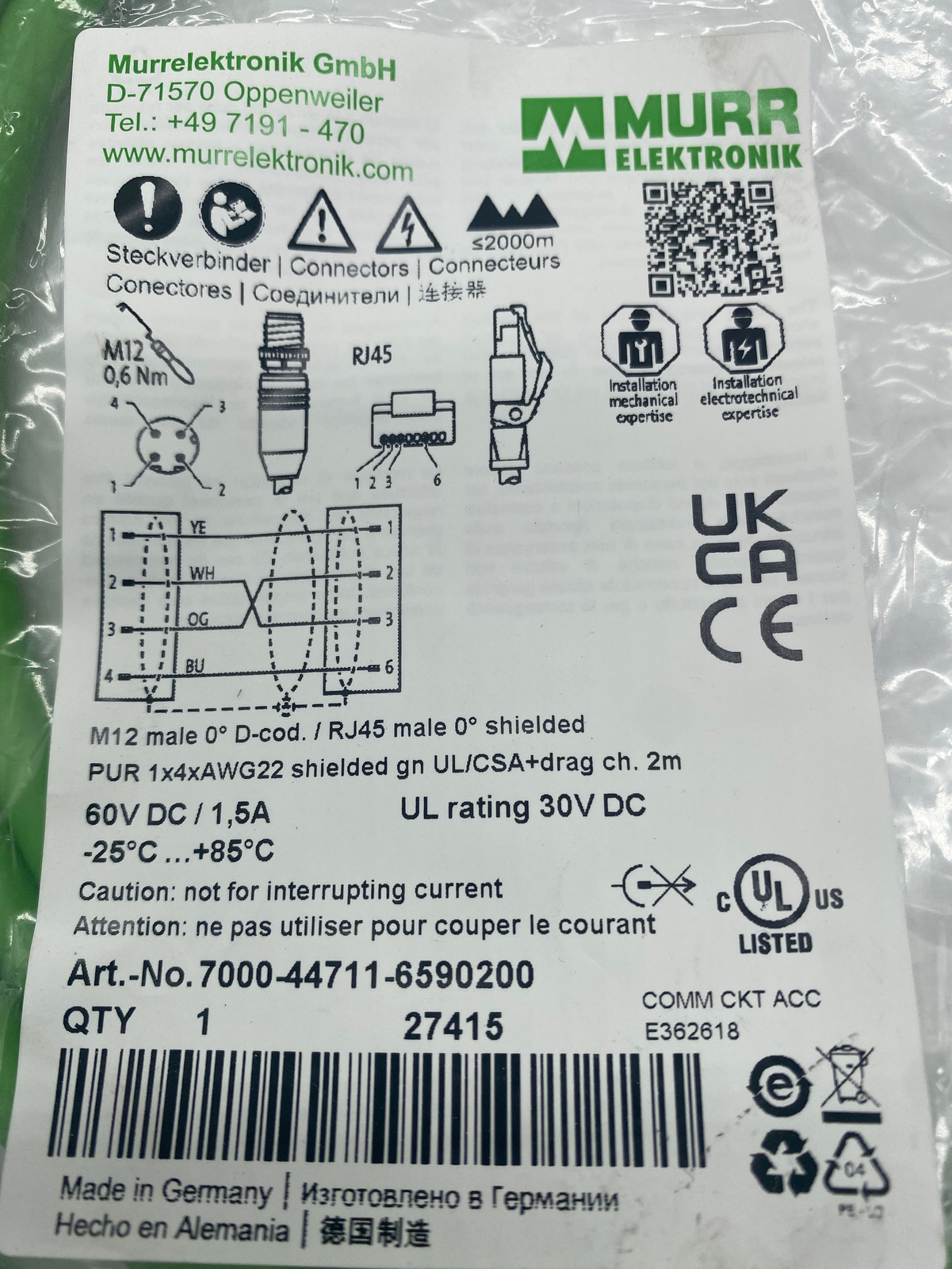 Murr Elektronik 7000-44711-6590200 Ethernet Cable 2M  - $61.99