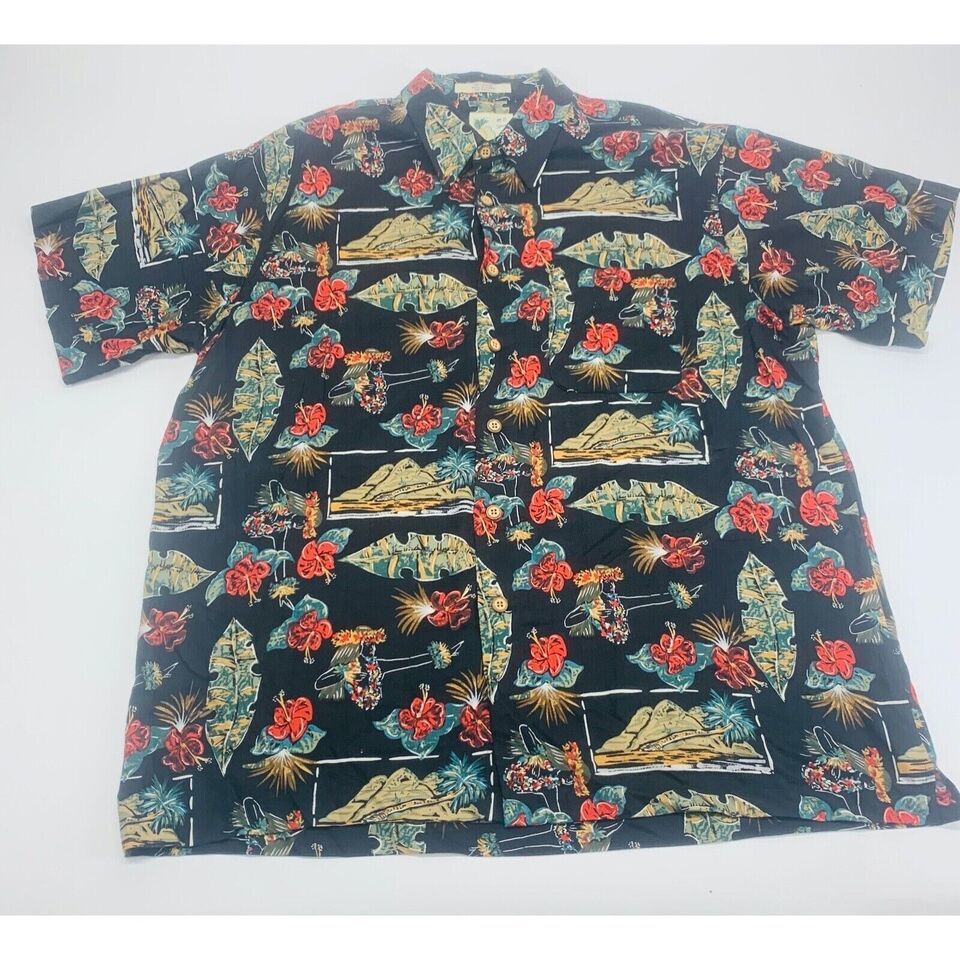 Vintage M.E. Sports Hawaiian Shirts Mens 2XL Black Multicolor Button up - $11.01
