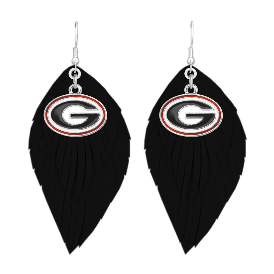 43374 Georgia Bulldogs Earrings with Black Suede Leather Feather
