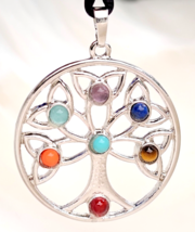 Chakra Tree of Life Pendant Necklace 7 Chakra Crystal Gemstone Corded Jewellery - £6.38 GBP