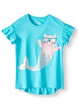 Wonder Nation Girls 3D Embellished Graphic T Shirt LARGE 10-12 Mermaid Cat - £7.35 GBP