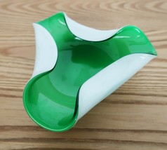 Vintage green &amp; white cased art glass folded edge tri-corner candy trinket dish - £19.97 GBP