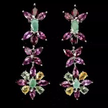 All Natural Unheated Oval Emerald Rhodolite Sapphire Sterling Silver Earrings - £114.72 GBP