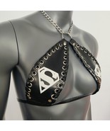 Gothic White Superman Print Black Vinyl Vampira Cross Top Bra - $56.00