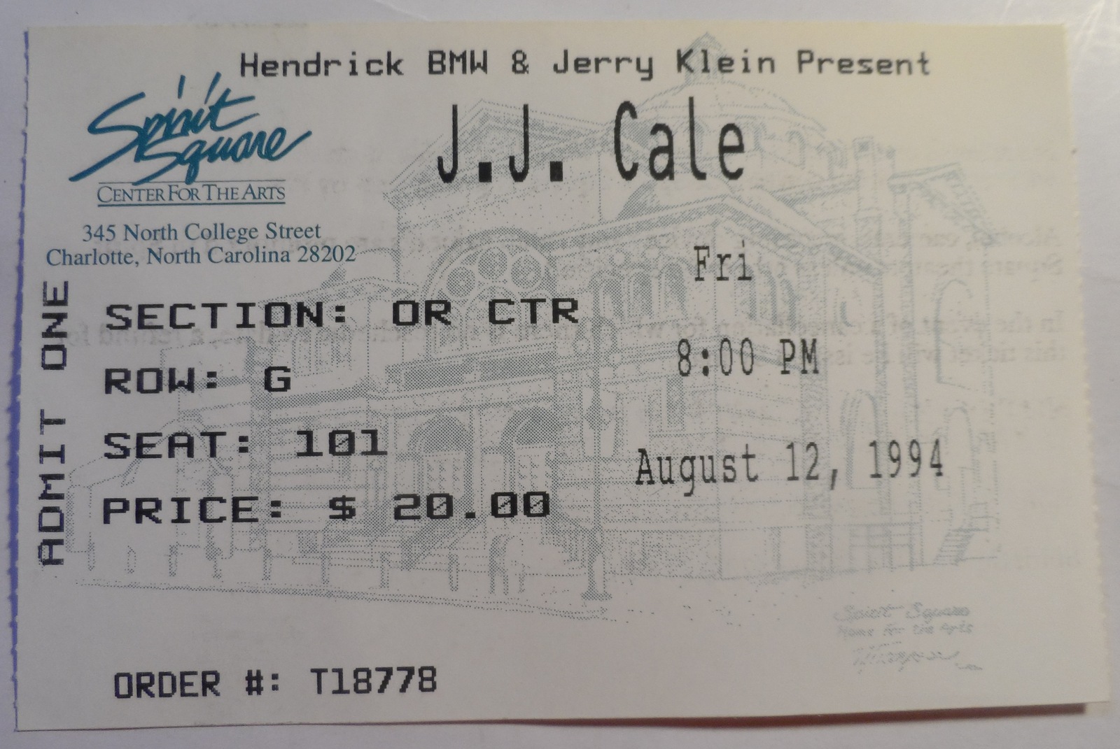 J.J. Cale 1994 Ticket Stub Center For The Arts Charlotte North Carolina ... - $6.96