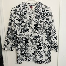 JM Collection Women&#39;s size 8 White Black Floral  Linen Blouse Button 3/4 Sleeve - £13.19 GBP