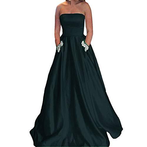 Kivary Beaded Pockets A Line Satin Long Formal Prom Dress Evening Gown Dark Navy