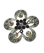 Vintage Silver-Tone Flower-Shaped Scarf-Clip Black &amp; Iridescent Stones - $366.06 MXN
