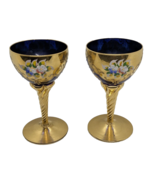 Cobalt Blue Gold Stem Crystal Enameled Flowered 5.25&quot; Tall Wine Glass Lo... - $553.36 MXN