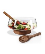 Large Serving Salad Bowl Glass Set With Wood Base Server &amp; 2 Wood Utensi... - $24.74