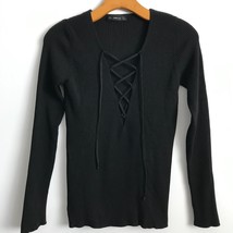 Zara Sweater L Black Lace Up Tie Deep V Neck Long Sleeve Ribbed Knit Pul... - $21.09