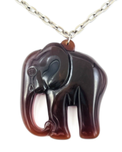 Vintage 80s Marbled Brown Carved Lucite Elephant Pendant Necklace 34 in - £20.24 GBP