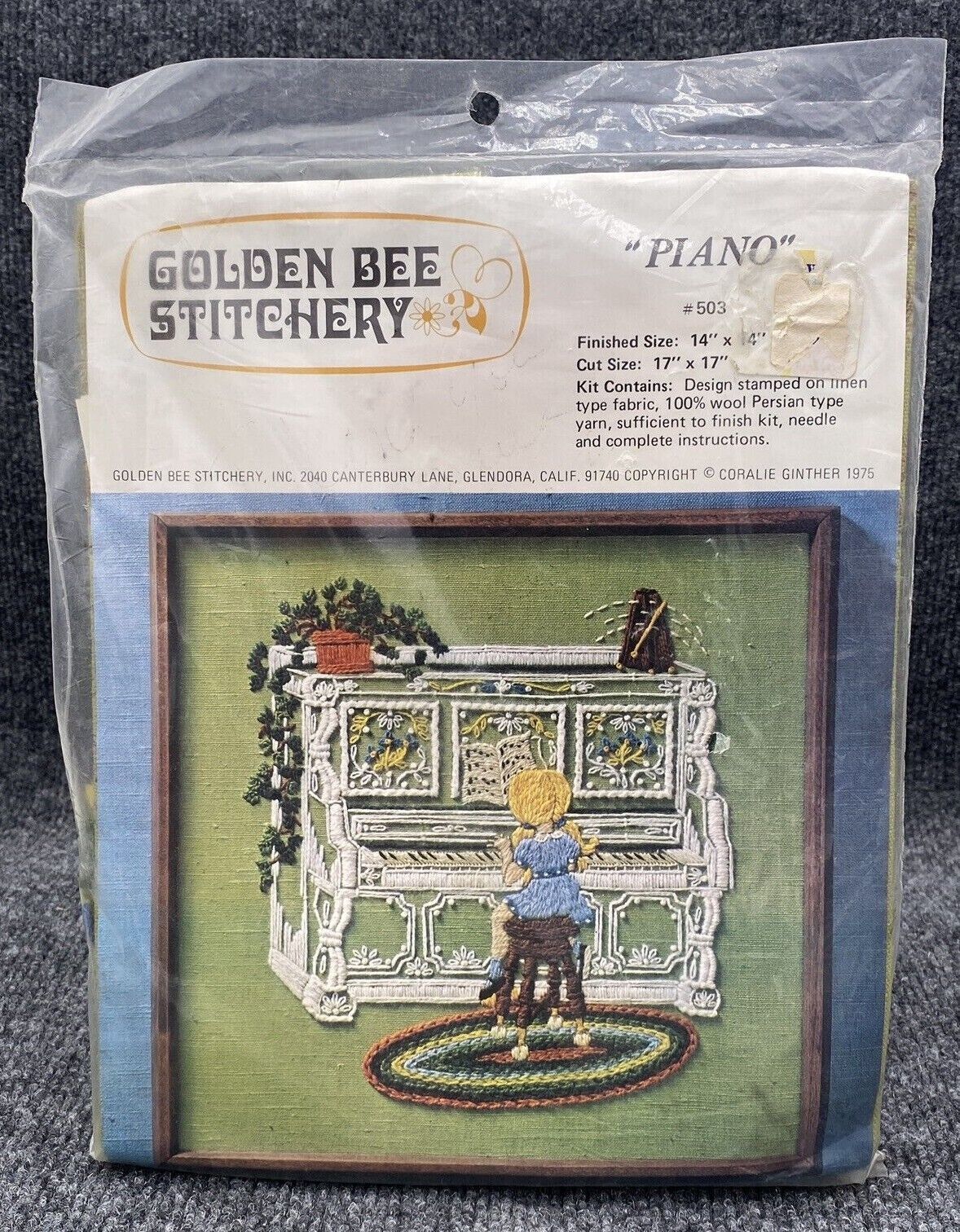 Golden Bee Stitchery Kit Piano #503 Crewel 14" x 14" Girl Playing Piano 1975 - $14.84