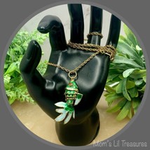 Vintage Cloisonne Articulated Fish Necklace Green Blue Enamel Charm Pend... - $24.50