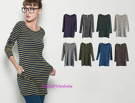 Japan Striped Pocket Fitted Knit Tunic Shirt! FREE SHIPPING! - £7.86 GBP+