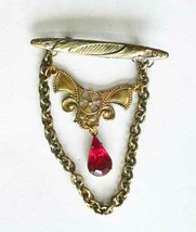 Victorian Style Red Rhinestone Drop Gold-tone Bar Brooch 1950s vintage 2... - £9.63 GBP