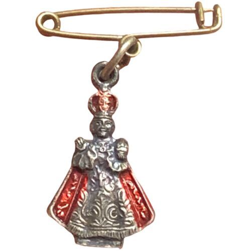 Vintage Infant Of Prague Enameled Silver Pin Medal Italy - $31.50