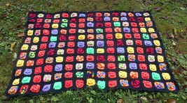 Vintage Afghan Blanket Granny Square Multi Color Dimensional Flowers on Black - £39.33 GBP
