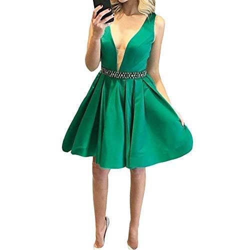 Kivary Satin Sheer V Neck Beaded Waist Formal Prom Homecoming Party Dress Green