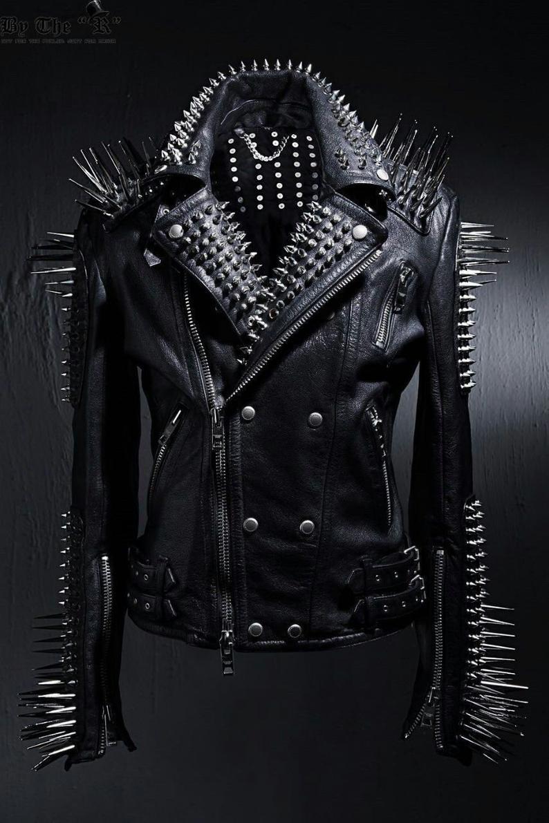 NEW HANDMADE Mens Full Black Punk Silver Long Spiked Studded Leather Buttons Up