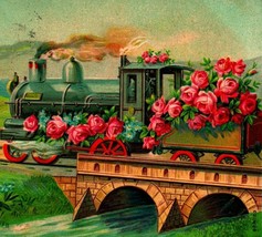 Locomotive Train Roses Flowers Stone Bridge Embossed Floral 1910s Postcard - $5.31