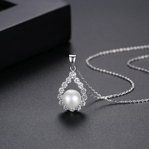 Pearl &amp; Cubic Zirconia Silver-Plated Teardrop Pendant Necklace - £11.98 GBP