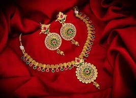 Temple Design Jewelry Set Kundan Necklace Earrings South Women Bridal Setew - $25.83