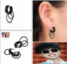 1Pcs Korean Idol Boys Group Punk Black Titanium Double Round Ring Stud E... - $4.73