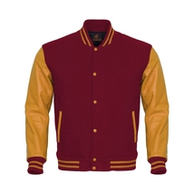 Letterman Varsity Bomber Baseball Jacket Maroon Body &amp; Gold Leather Sleeves - £89.95 GBP