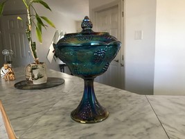 Indiana Blue Carnival Glass Harvest Grape Pedestal Compote Bowl Candy Dish - £43.95 GBP