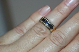 Fine 14K Yellow Gold Three Row Diamond &amp; Sapphire Band Ring Size 5 - £484.90 GBP